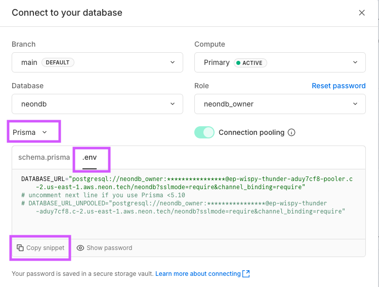 Select Prisma and click the .env tab, and copy the environment variables
